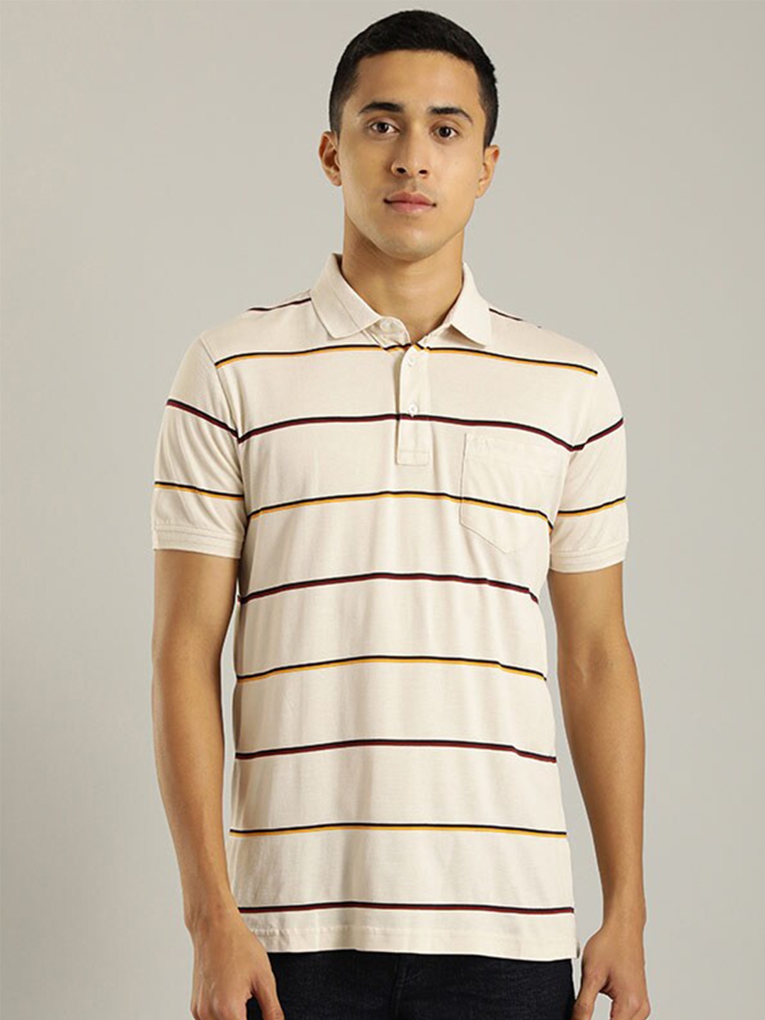 

Indian Terrain Striped Polo Collar Pure Cotton T-shirt, Cream