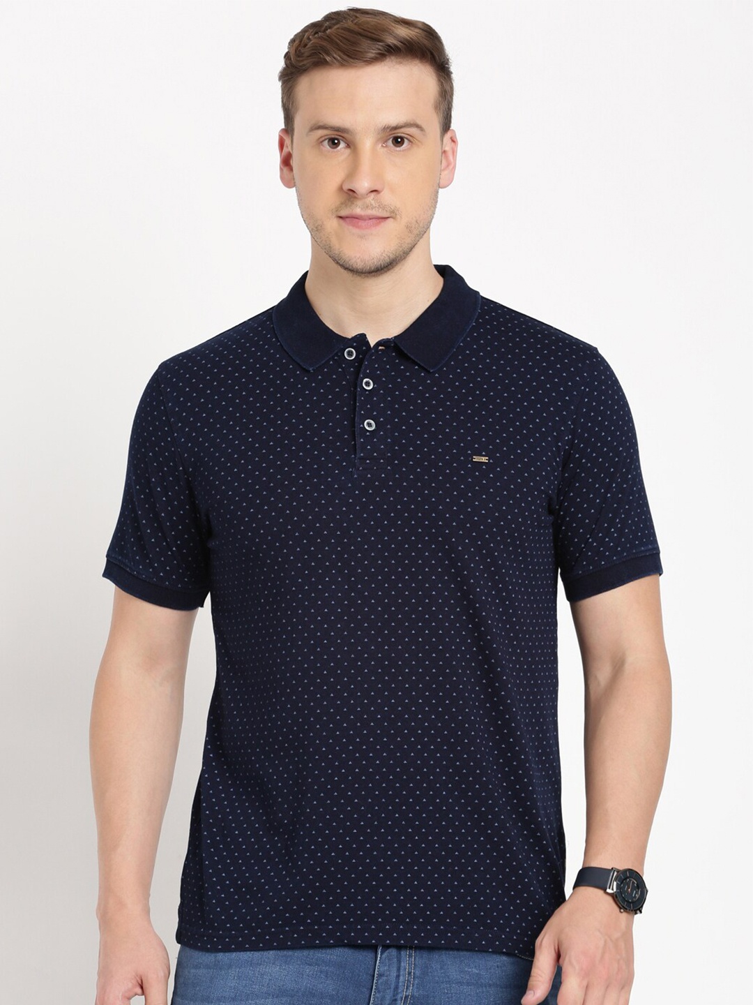 

Indian Terrain Micro Ditsy Printed Polo Collar Pure Cotton T-shirt, Navy blue