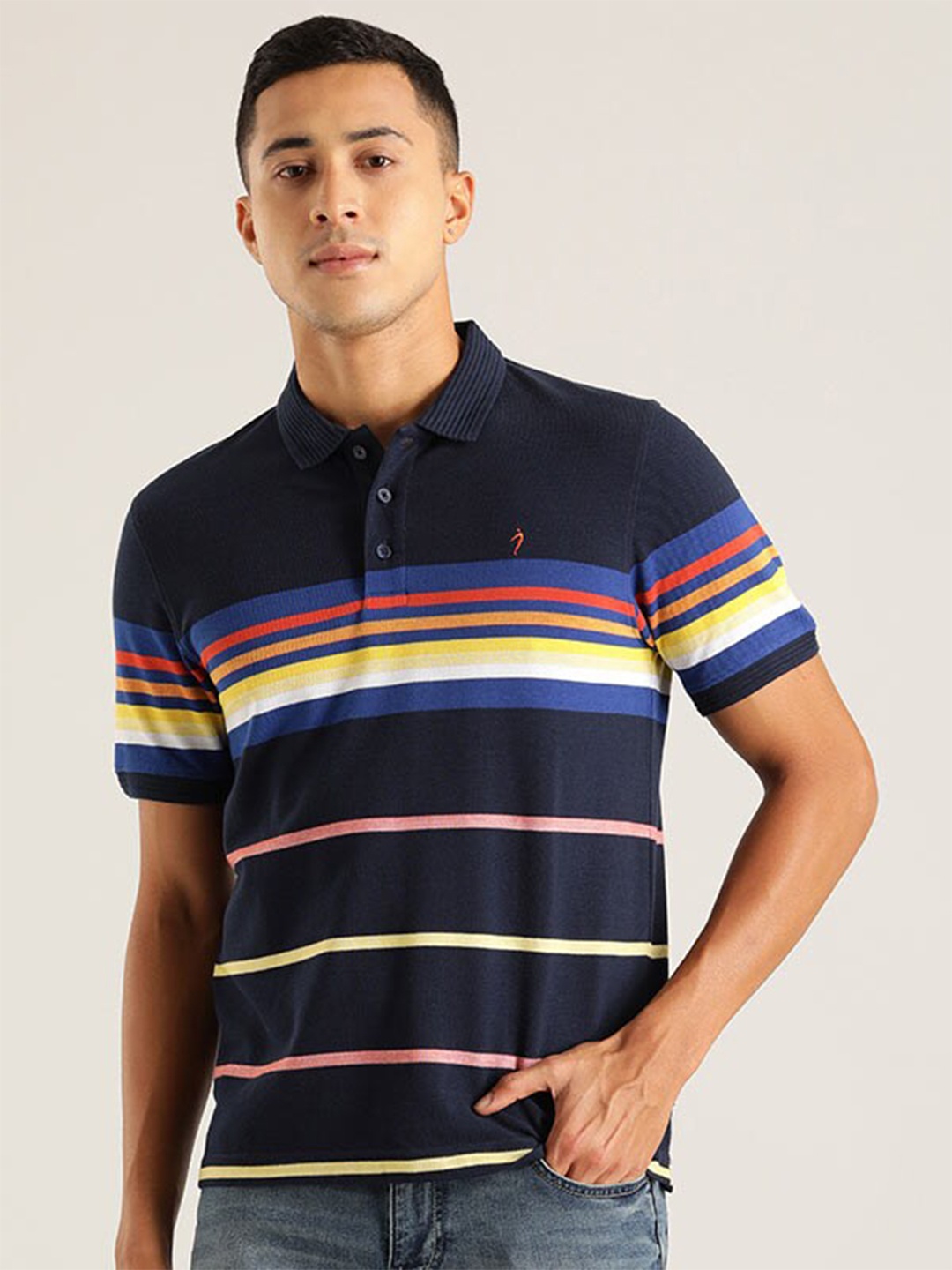 

Indian Terrain Striped Polo Collar T-shirt, Navy blue