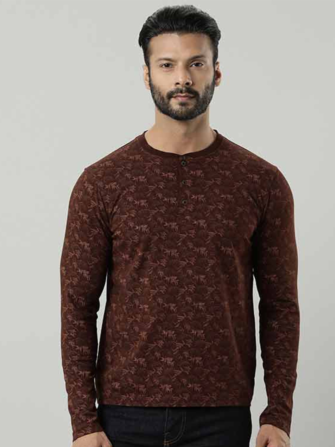 

Indian Terrain Floral Printed Henley Neck Pure Cotton T-shirt, Brown