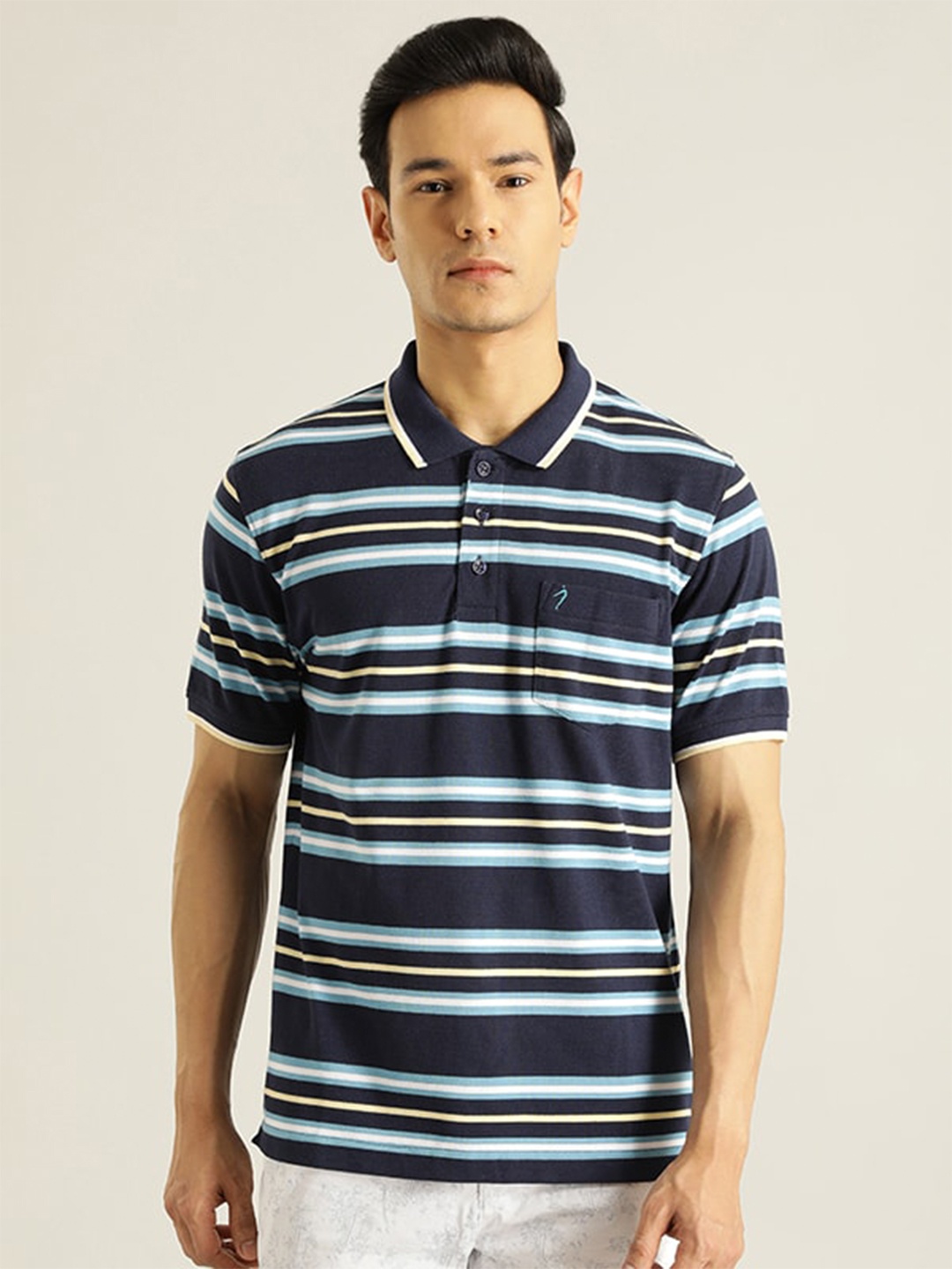 

Indian Terrain Striped Polo Collar T-shirt, Navy blue