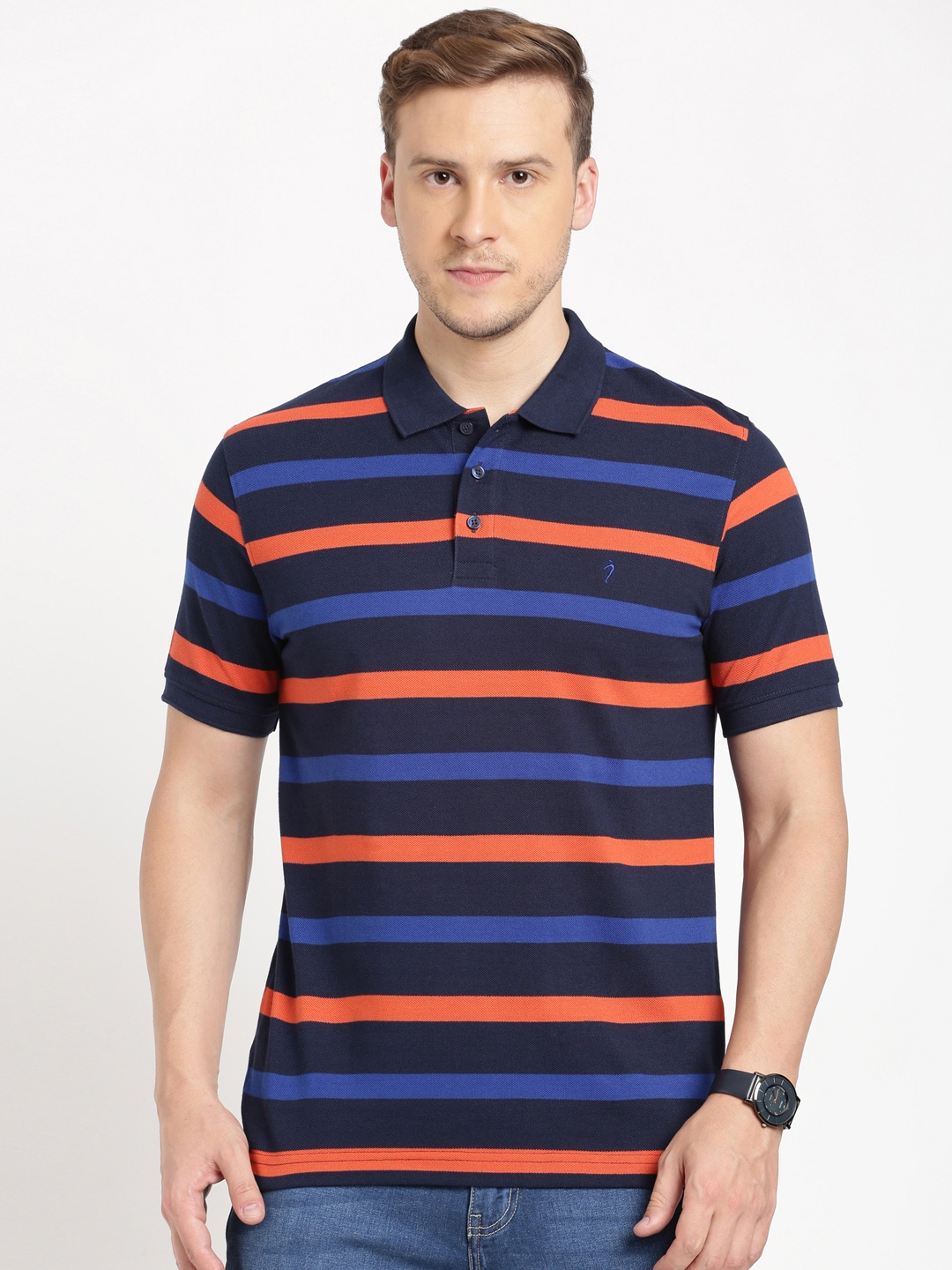 

Indian Terrain Striped Polo Collar T-shirt, Navy blue