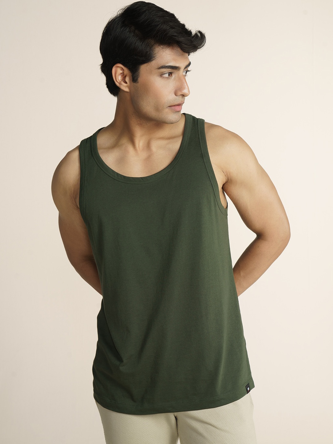 

DaMENSCH Men Solid Cotton Blend Tank T-Shirt, Olive