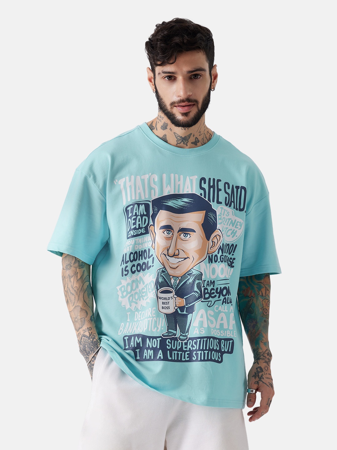 

The Souled Store The Office: Michael Scott Print Pure Cotton Oversized T-shirt, Turquoise blue