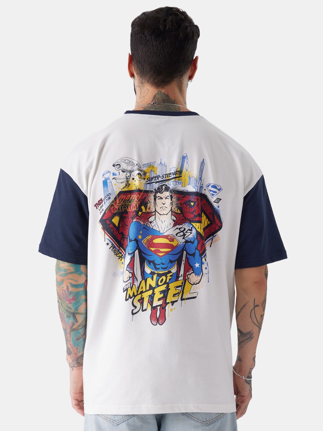 

The Souled Store White & Navy Blue Superman Printed Oversized Pure Cotton T-shirt