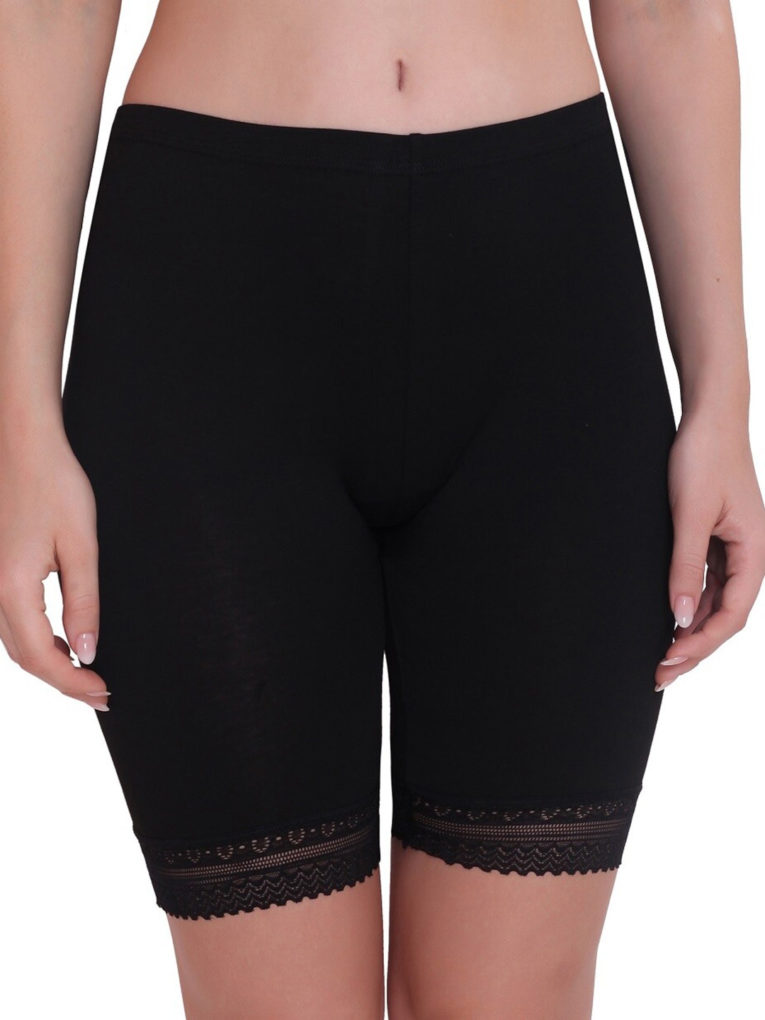 

PLUMBURY Women Mid-Rise Under Dress Shorts With Lace Edge, Black