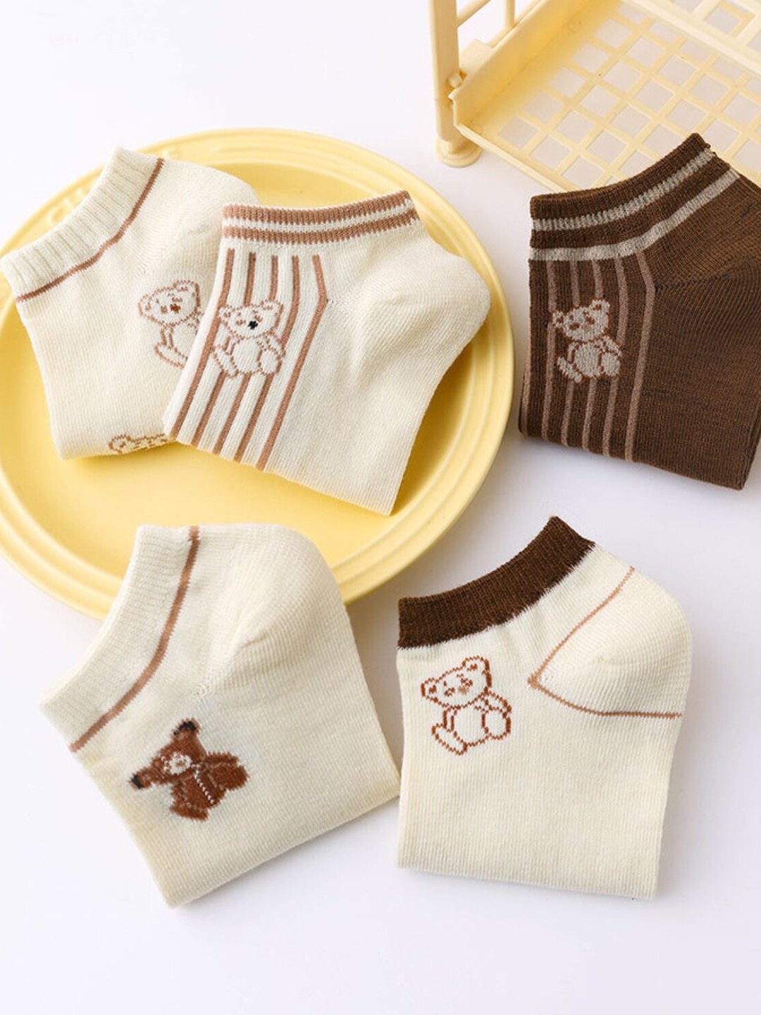 

YOUSTYLO Pack Of 5 Patterned Low Cut Cotton Ankle Length Socks, Beige