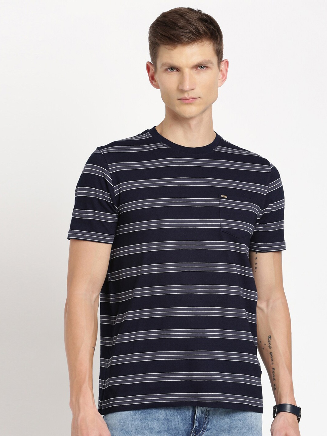 

Indian Terrain Striped Pure Cotton Slim Fit T-shirt, Navy blue