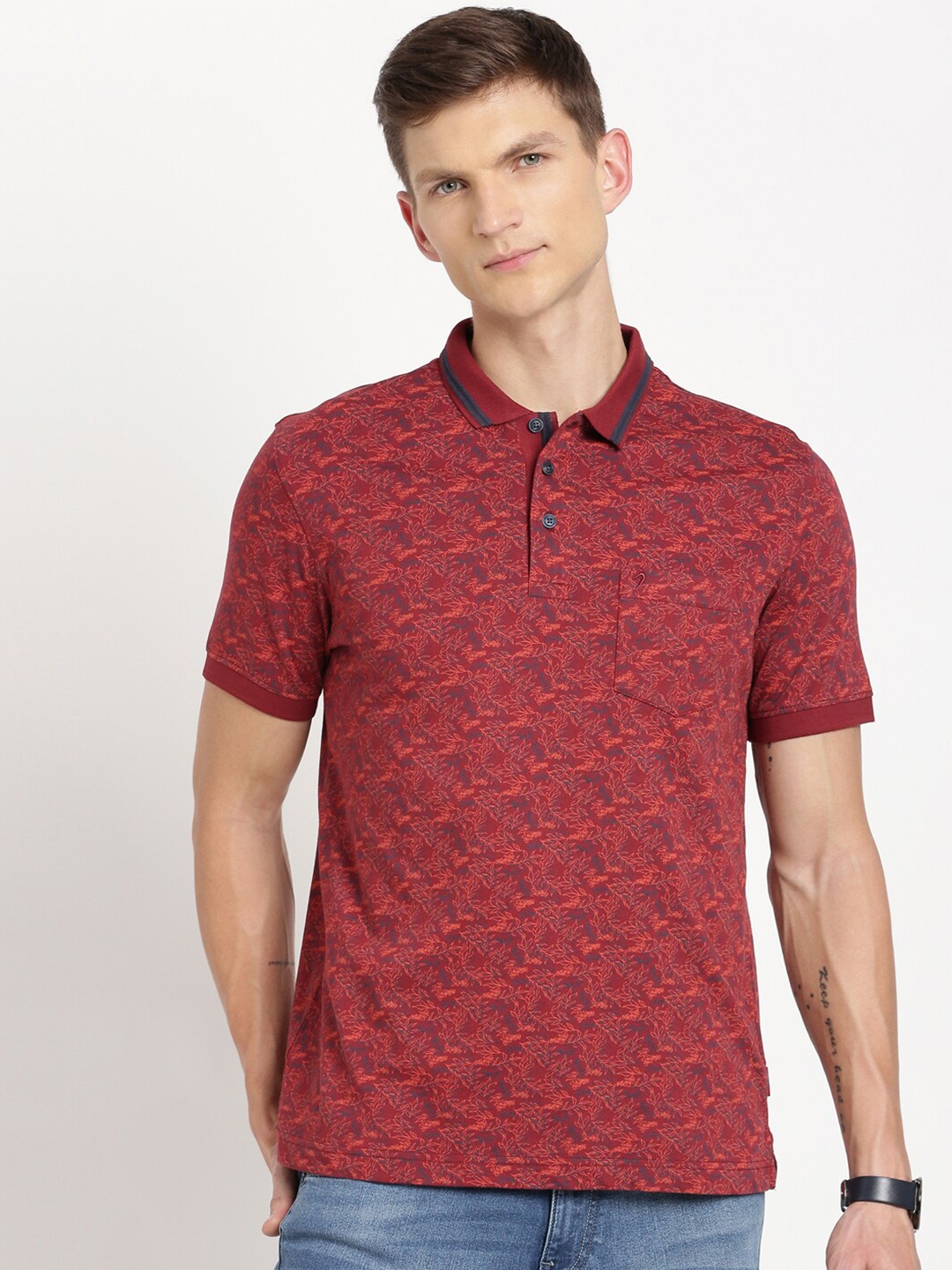 

Indian Terrain Floral Printed Polo Collar Pure Cotton Slim Fit T-shirt, Red