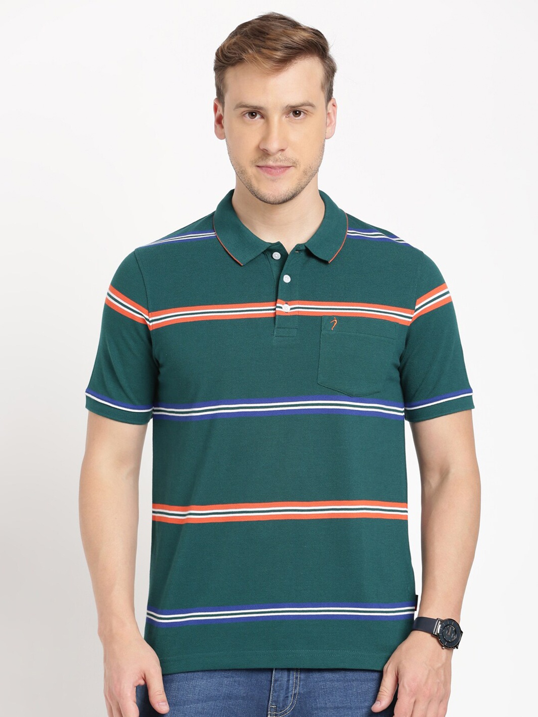

Indian Terrain Striped Polo Collar Slim Fit T-shirt, Teal