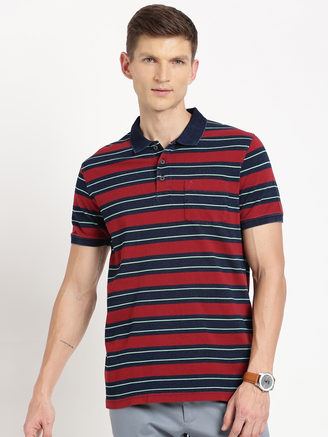 

Indian Terrain Men Striped Polo Collar Pockets Slim Fit T-shirt, Red