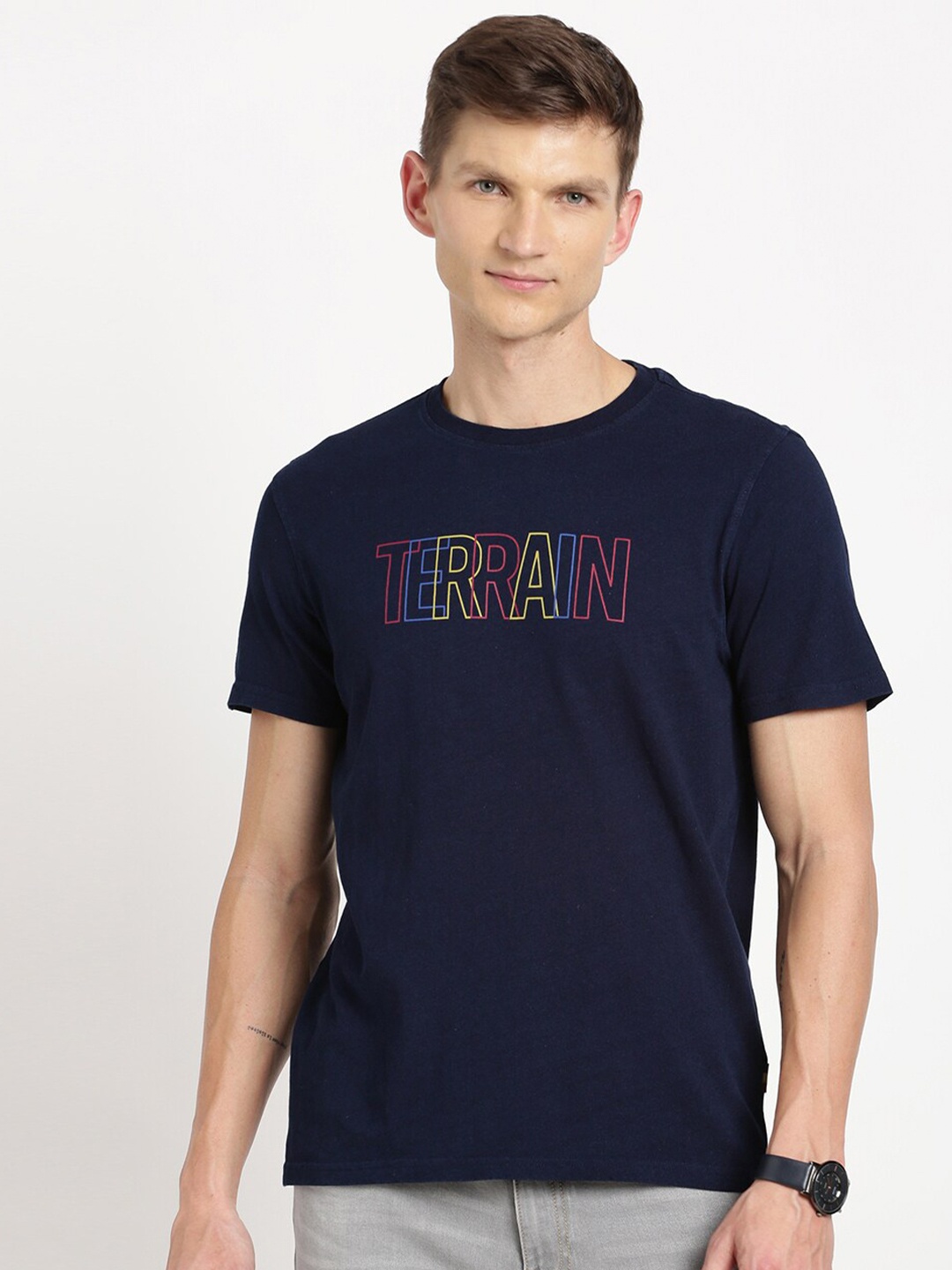 

Indian Terrain Typography Printed Pure Cotton Slim Fit T-shirt, Blue