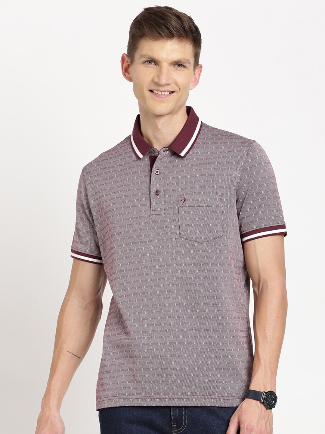 

Indian Terrain Self Design Polo Collar Slim Fit Pure Cotton T-shirt, Maroon