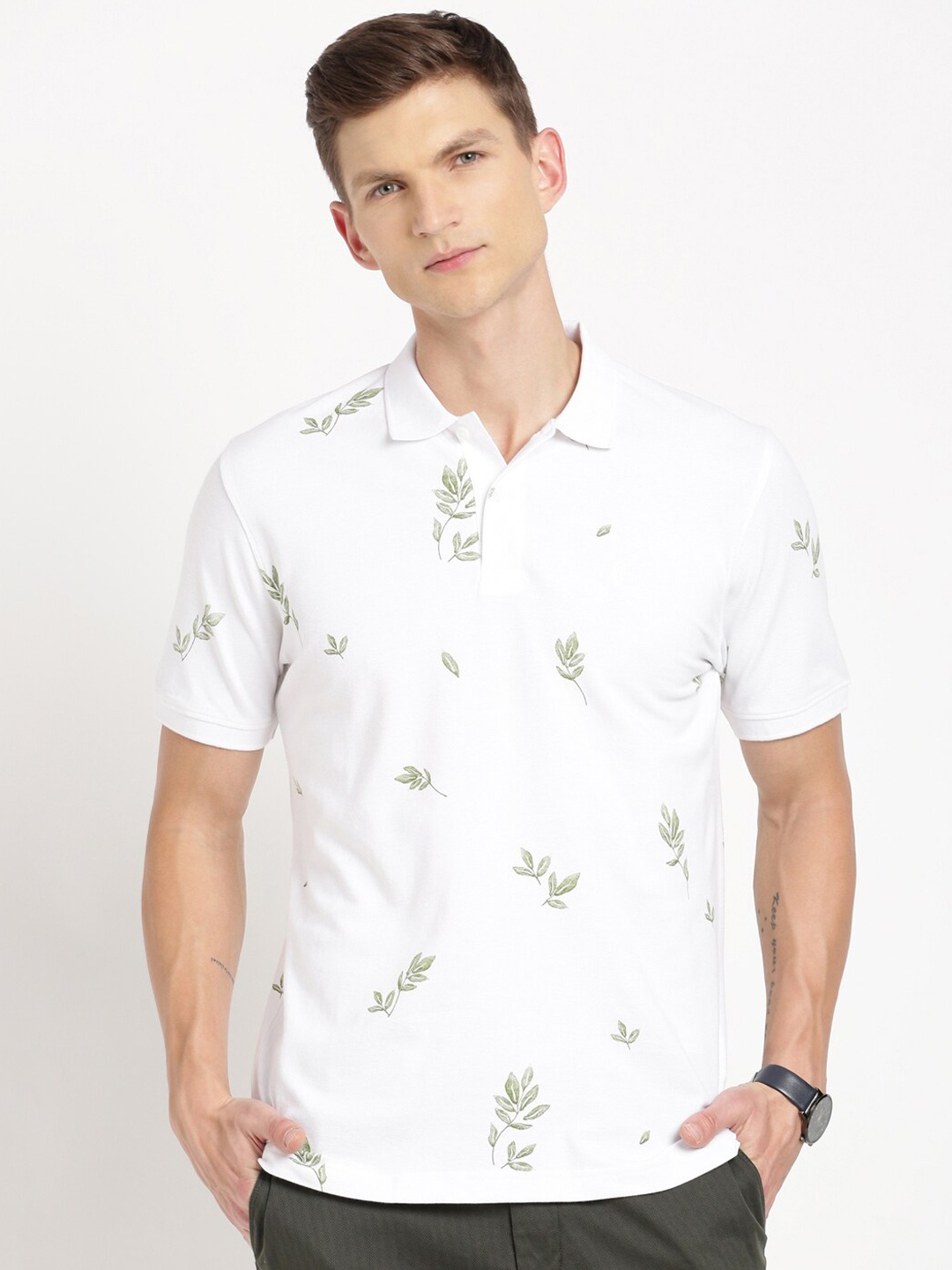 

Indian Terrain Conversational Printed Polo Collar Slim Fit Pure Cotton T-shirt, White