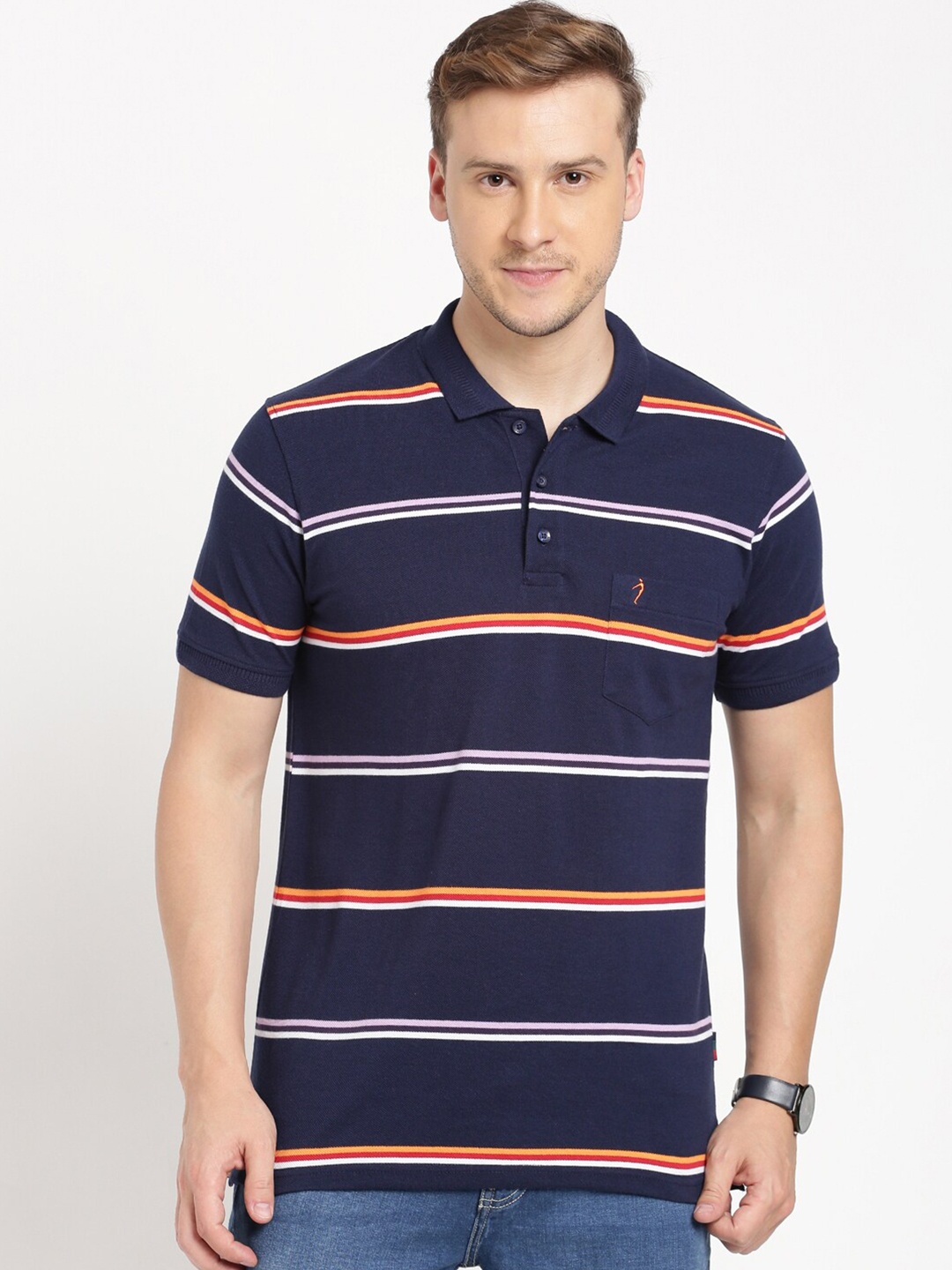 

Indian Terrain Striped Polo Collar Slim Fit T-shirt, Navy blue