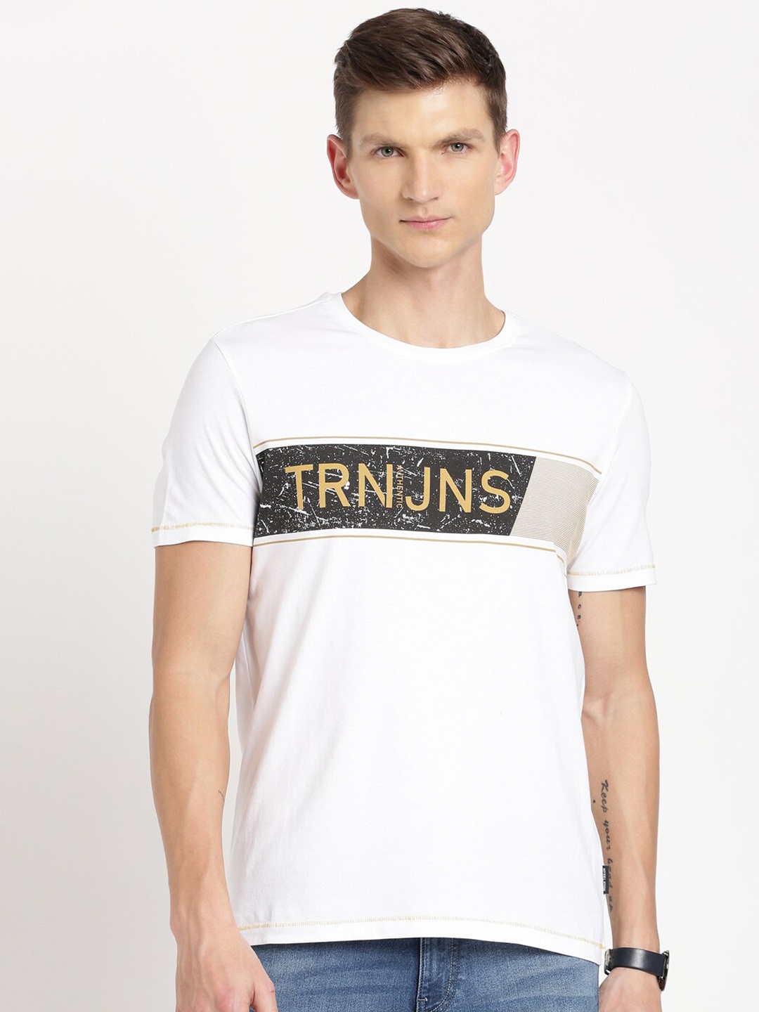 

Indian Terrain Typography Printed Slim Fit Pure Cotton T-shirt, White