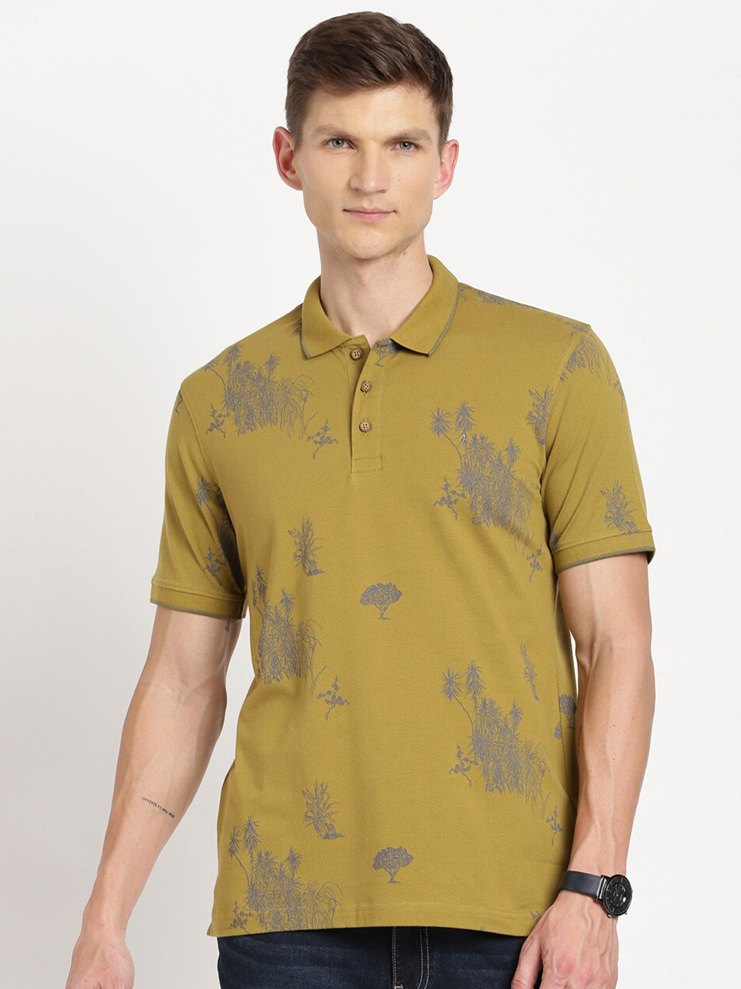 

Indian Terrain Tropical Printed Polo Collar Slim Fit T-shirt, Green