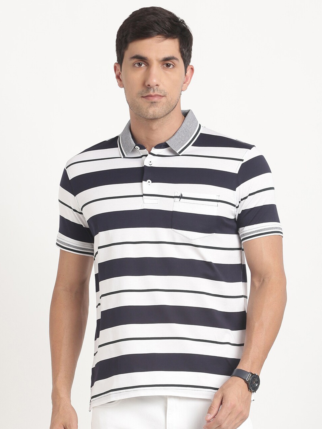 

Indian Terrain Striped Polo Collar Slim Fit Pure Cotton T-shirt, Blue