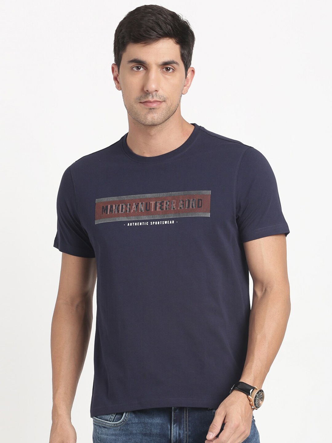

Indian Terrain Typography Printed Slim Fit Pure Cotton T-shirt, Blue