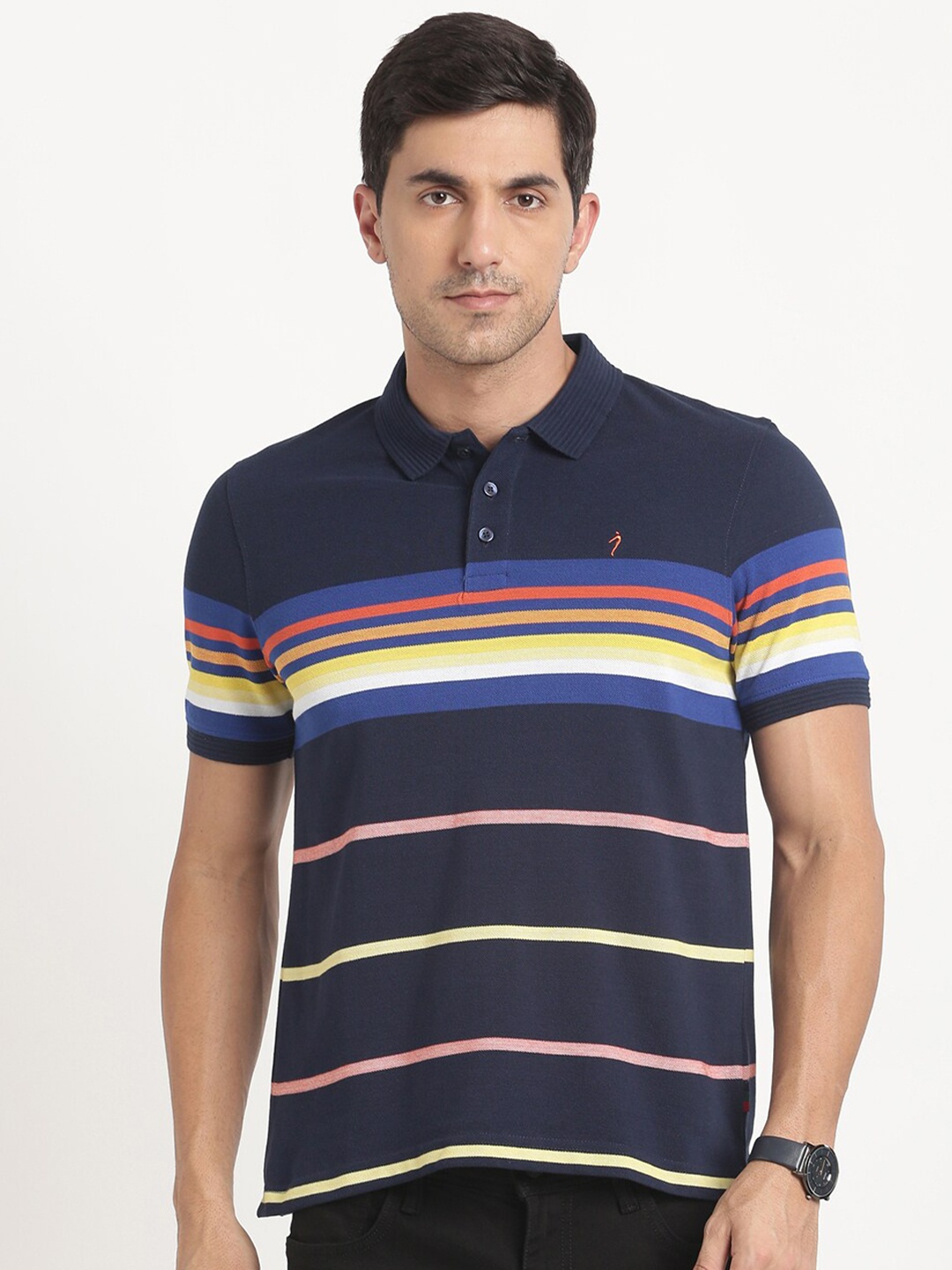 

Indian Terrain Striped Polo Collar Slim Fit T-shirt, Navy blue