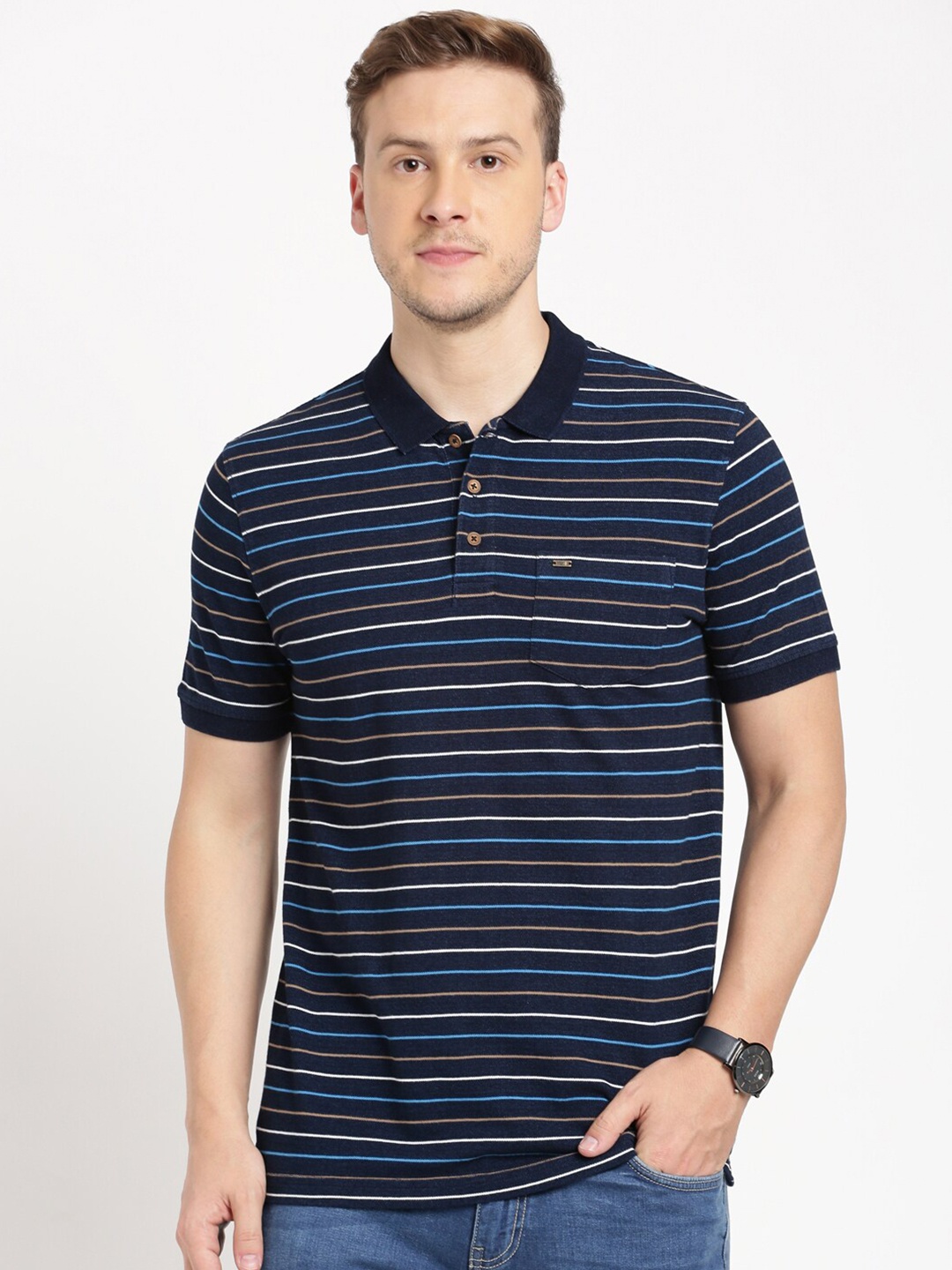 

Indian Terrain Striped Polo Collar Slim Fit Pure Cotton T-shirt, Navy blue