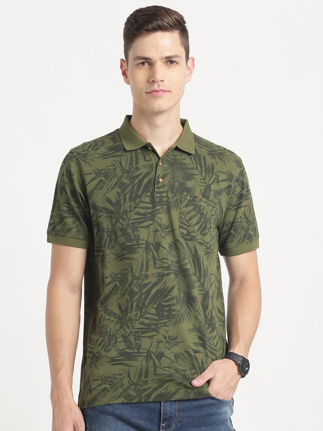 

Indian Terrain Floral Printed Polo Collar Pure Cotton Slim Fit T-shirt, Green