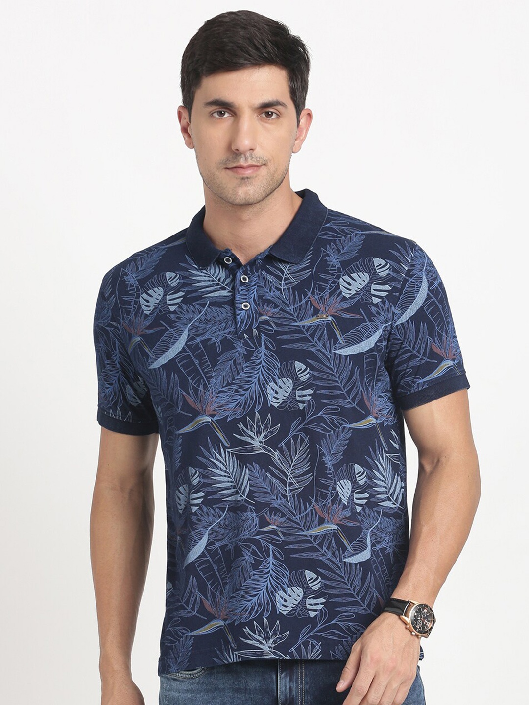 

Indian Terrain Floral Printed Polo Collar Pure Cotton Slim Fit T-shirt, Navy blue