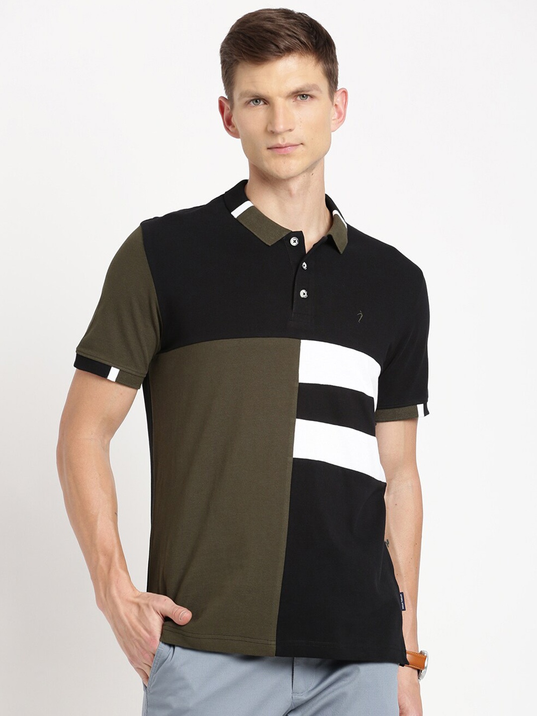 

Indian Terrain Colourblocked Polo Collar Pure Cotton Slim Fit T-shirt, Olive