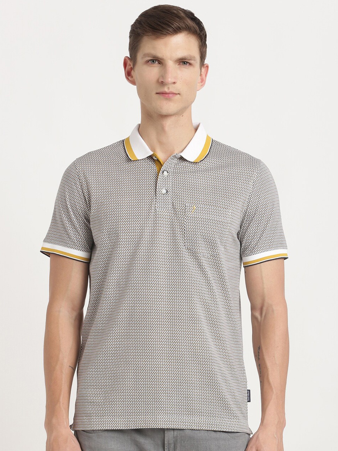 

Indian Terrain Geometric Printed Polo Collar Pure Cotton Slim Fit T-shirt, Taupe