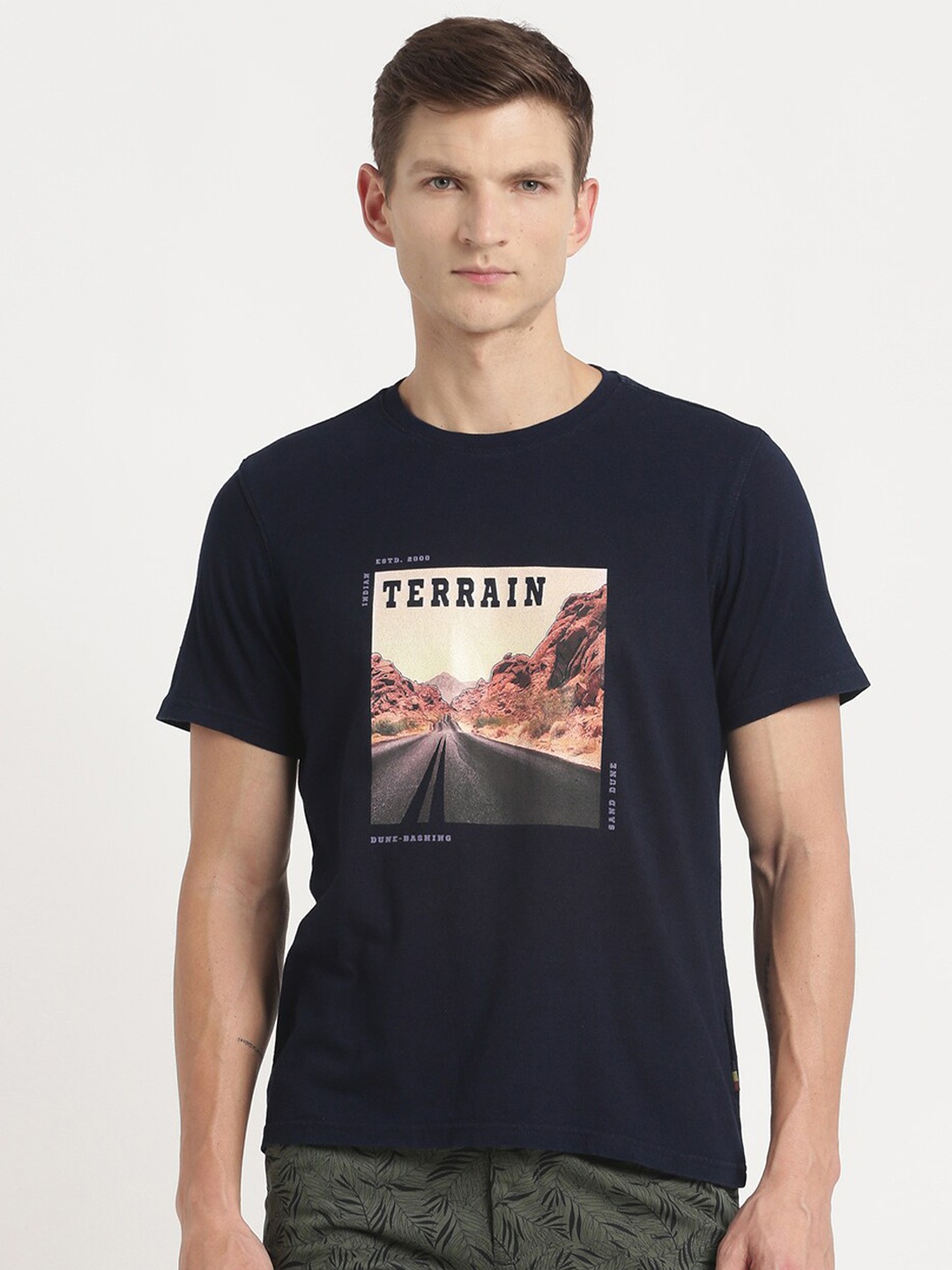 

Indian Terrain Graphic Printed Slim Fit Cotton T-shirt, Navy blue