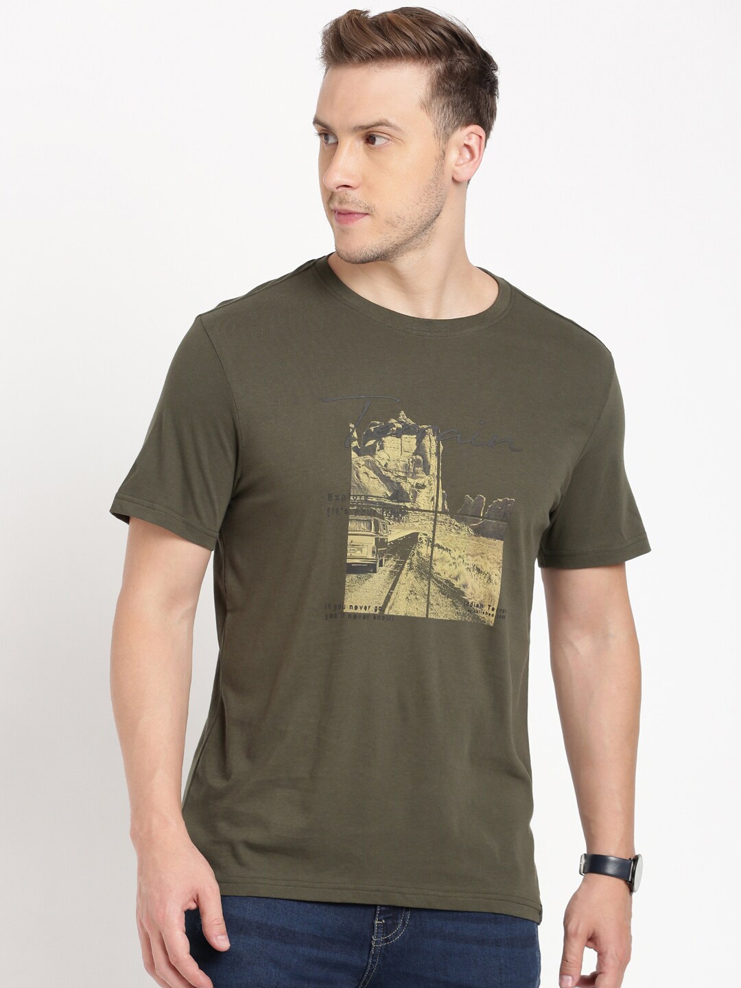 

Indian Terrain Graphic Printed Slim Fit Cotton T-shirt, Green