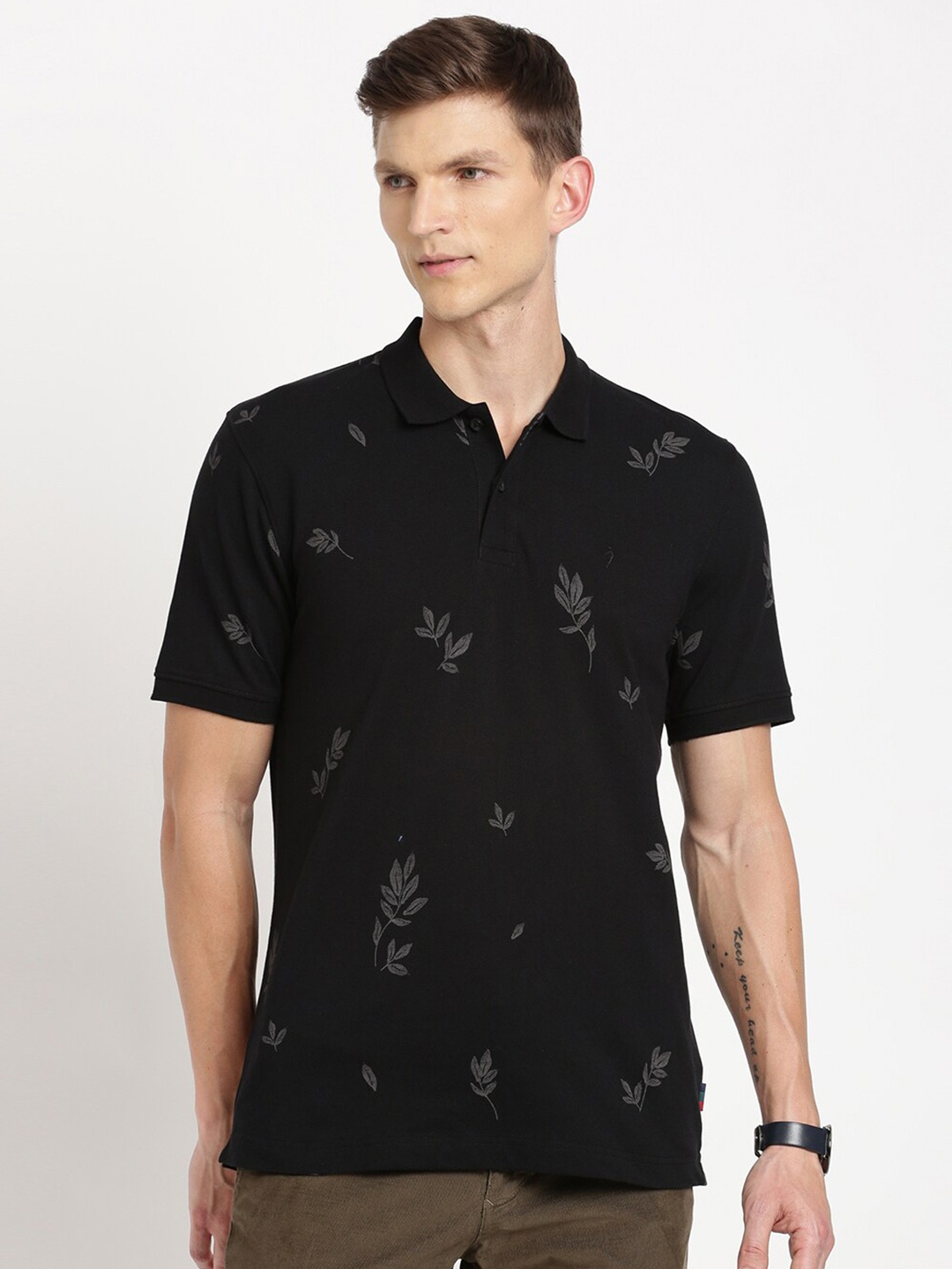 

Indian Terrain Tropical Polo Collar Slim Fit Cotton T-shirt, Black