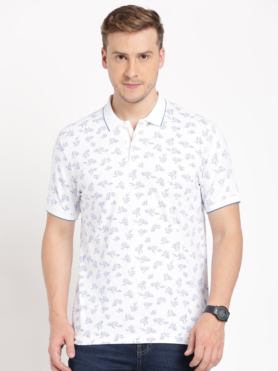 

Indian Terrain Floral Printed Polo Collar Slim Fit T-shirt, White