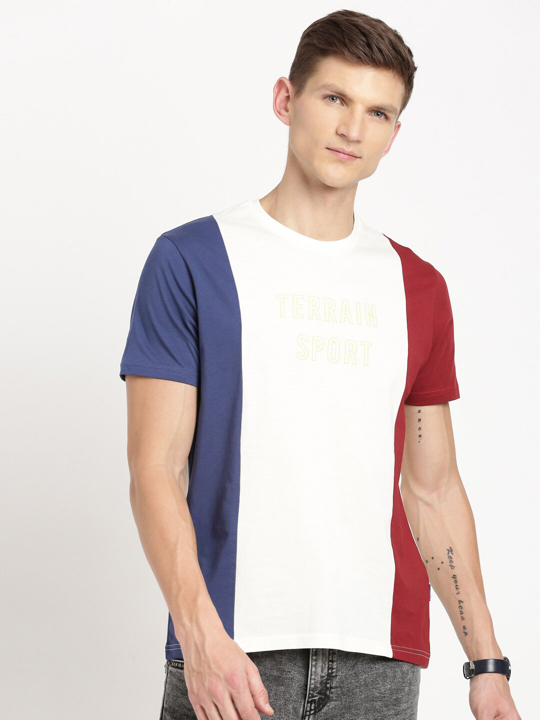 

Indian Terrain Colourblocked Slim Fit Cotton T-shirt, White