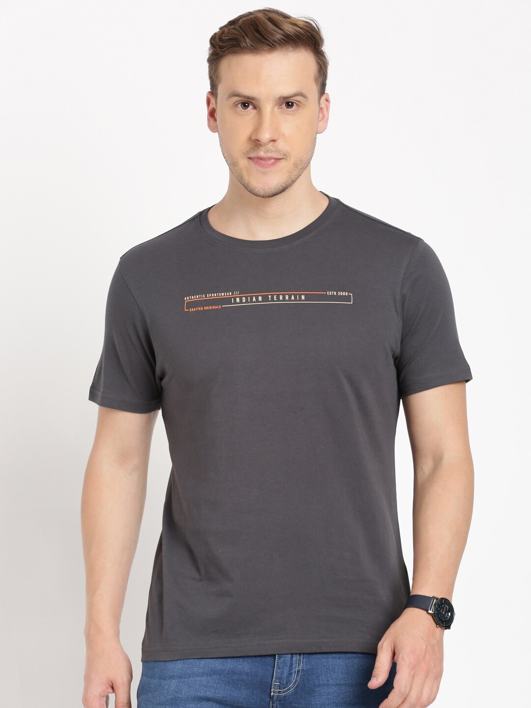 

Indian Terrain Typography Printed Slim Fit Cotton T-shirt, Grey