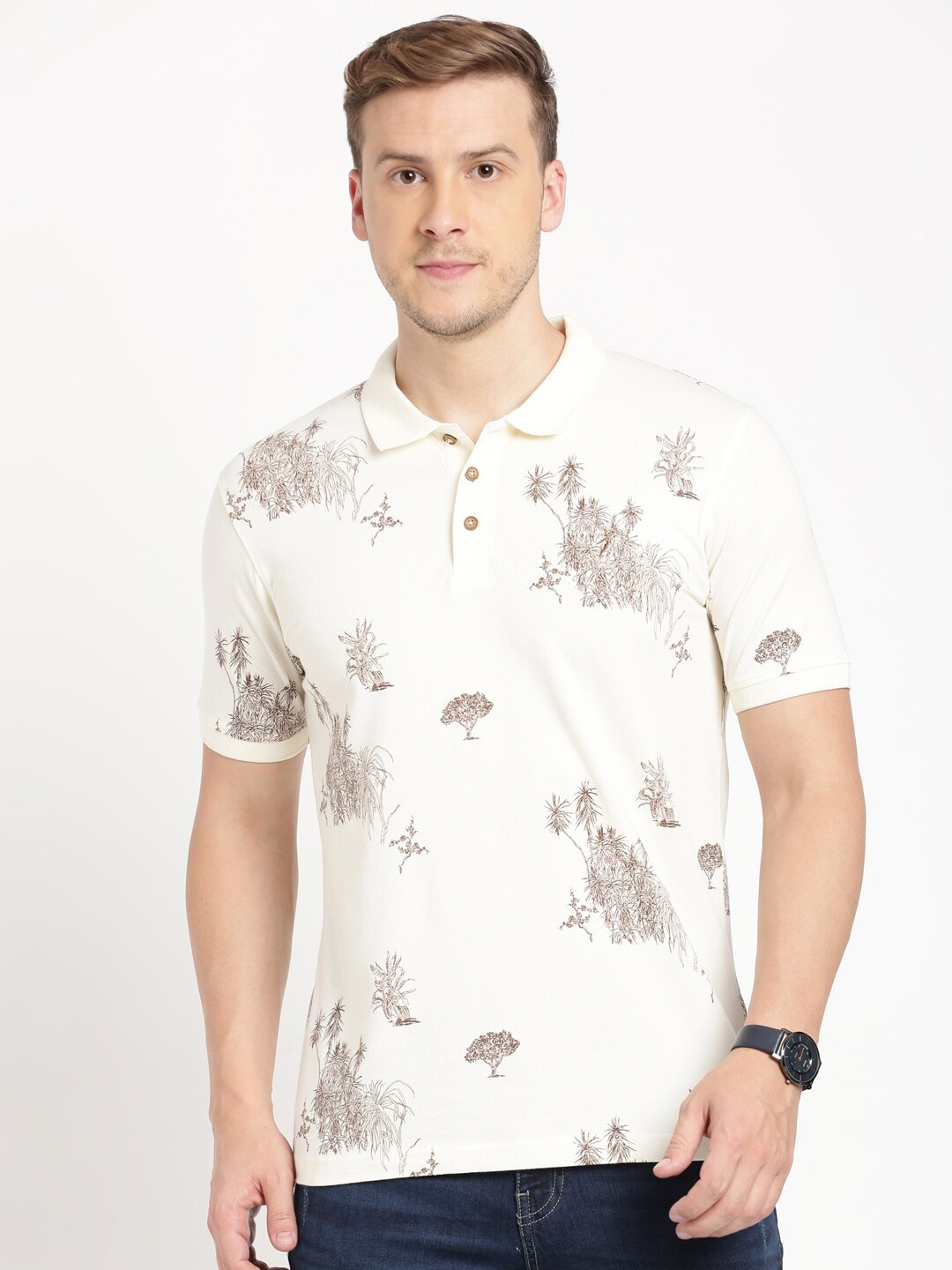 

Indian Terrain Tropical Printed Polo Collar Slim Fit T-shirt, Cream