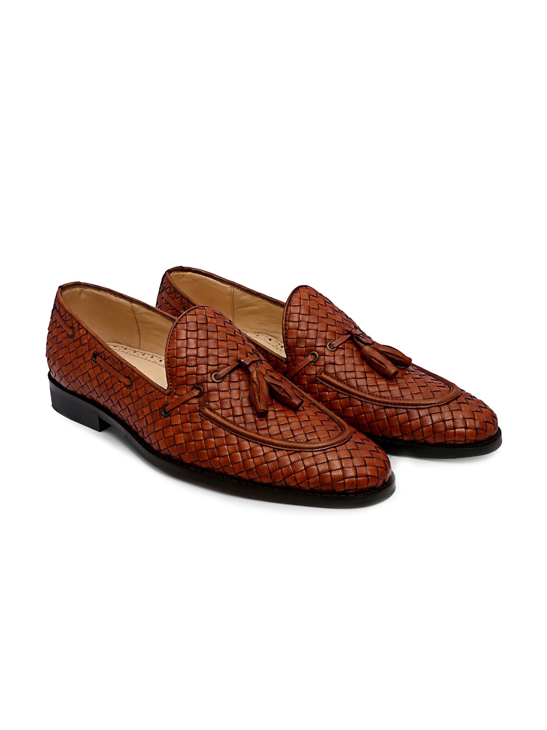 

GRIFFIN Men Woven Design Latex Lined Leather Loafers, Tan