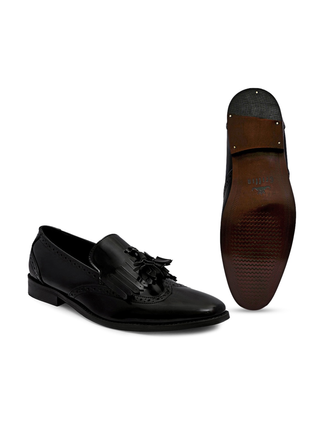 

GRIFFIN Men Perforated Latex Lined Tassel Loafers, Black