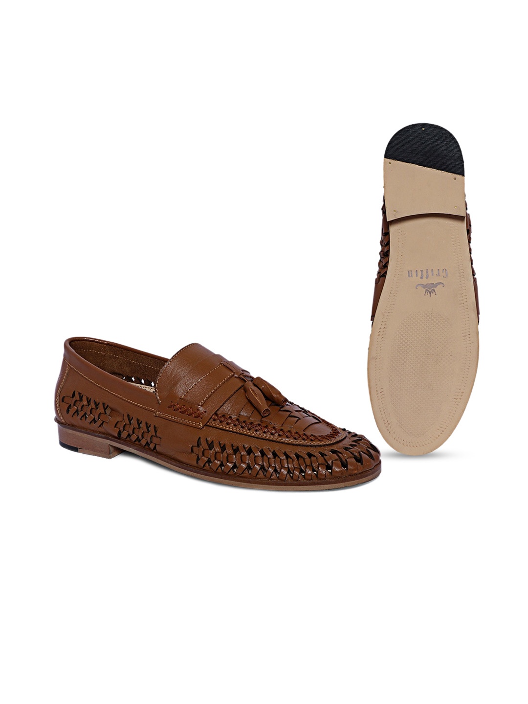 

GRIFFIN Men Woven Design Latex Lined Leather Tassel Loafers, Tan