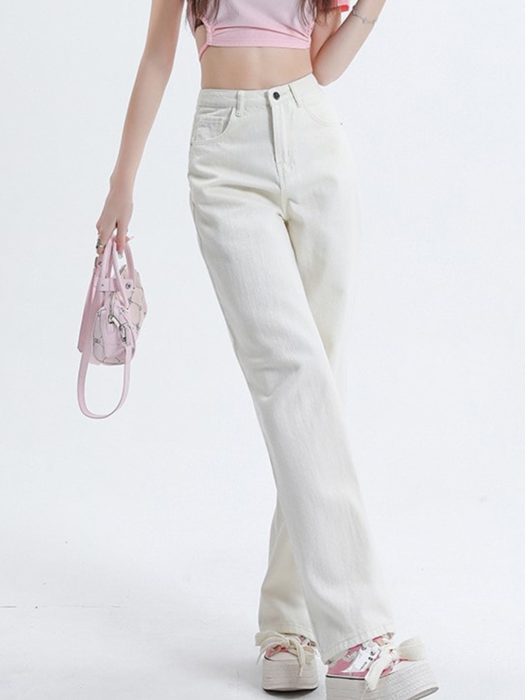 

BoStreet Women White High-Rise Wide Leg Cotton Jeans