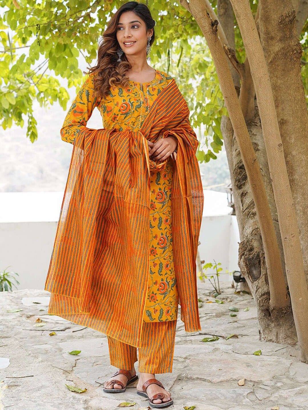 

KALINI Floral Printed Gotta Patti Sequined Pure Cotton Kurta with Trousers & Dupatta, Mustard