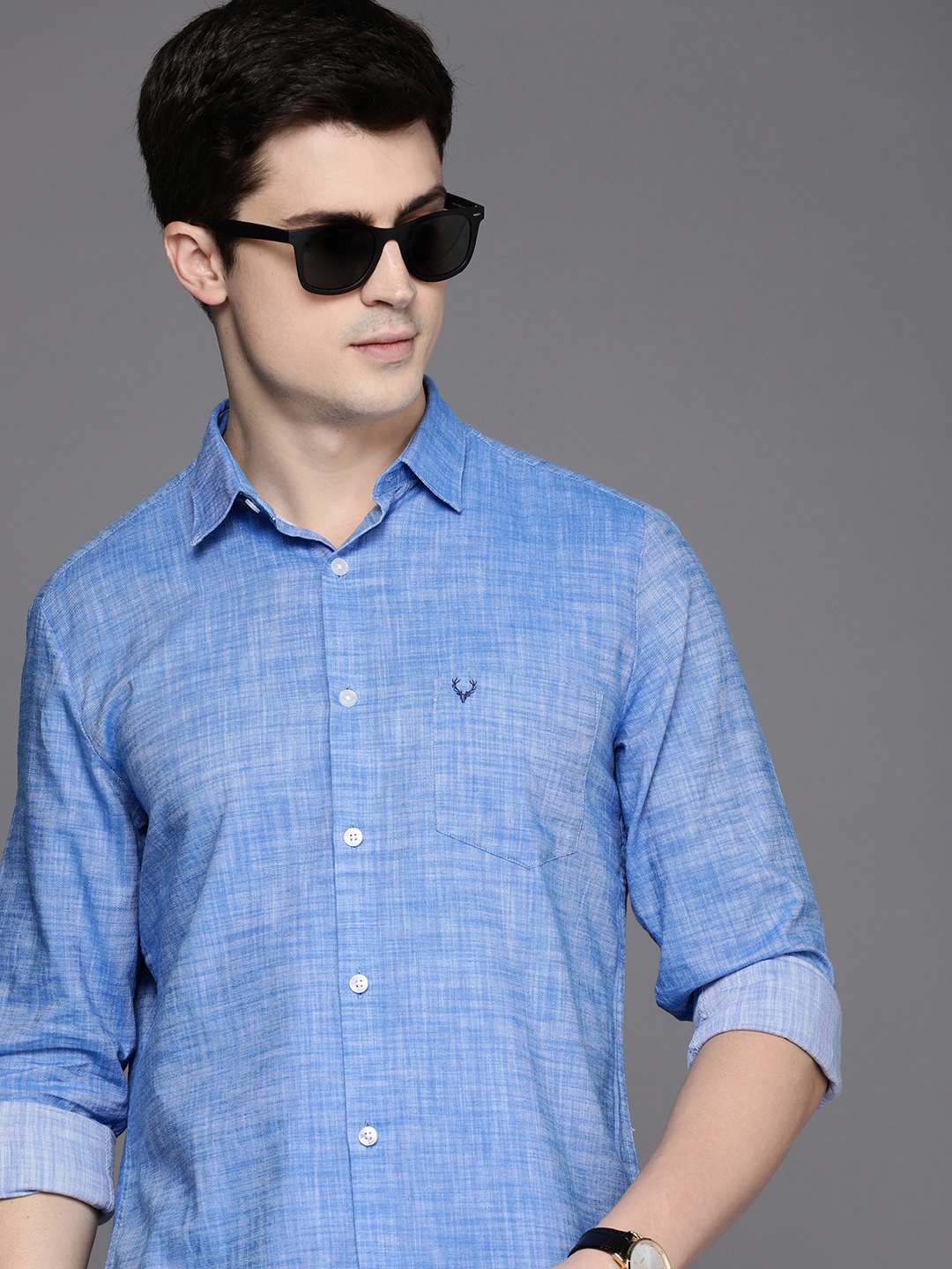 

Allen Solly Self Design Modern Fit Pure Cotton Smart Casual Shirt, Blue