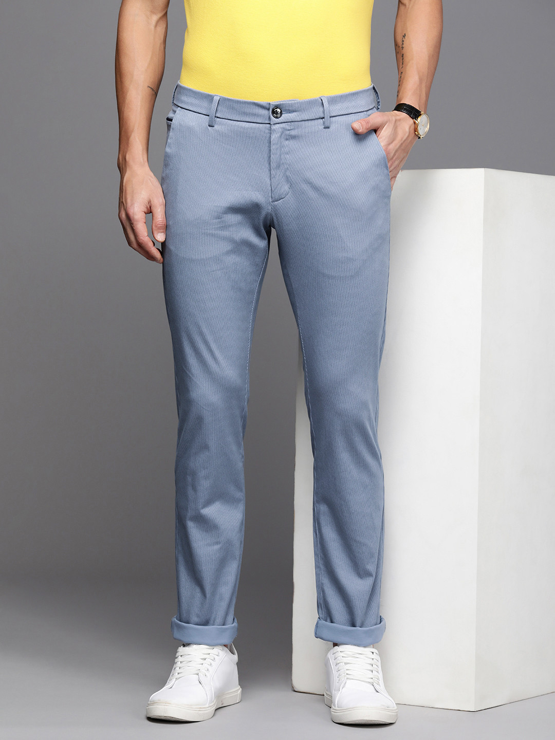 

Allen Solly Men Printed Slim Fit Chinos Trousers, Blue