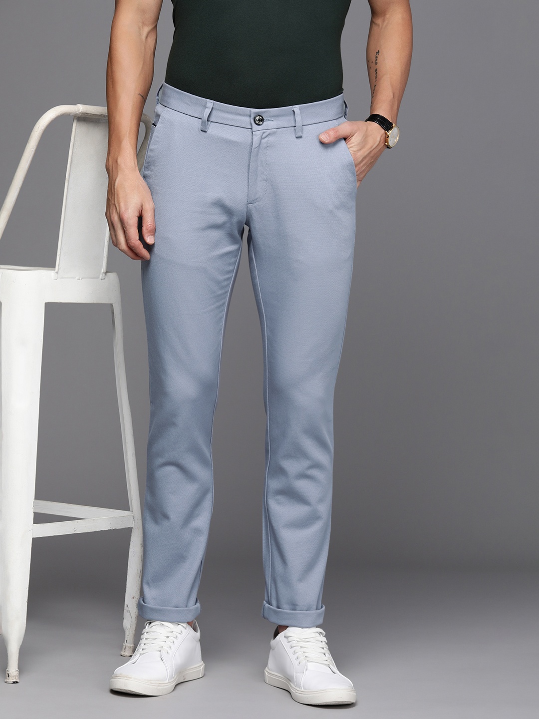 

Allen Solly Men Self Design Textured Slim Fit Chinos Trousers, Blue