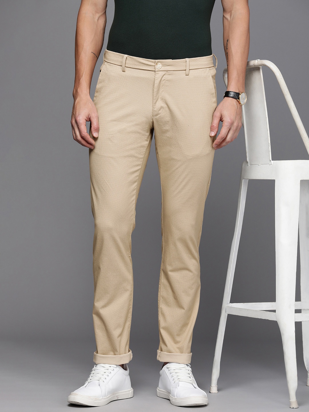 

Allen Solly Men Printed Slim Fit Chinos Trousers, Beige