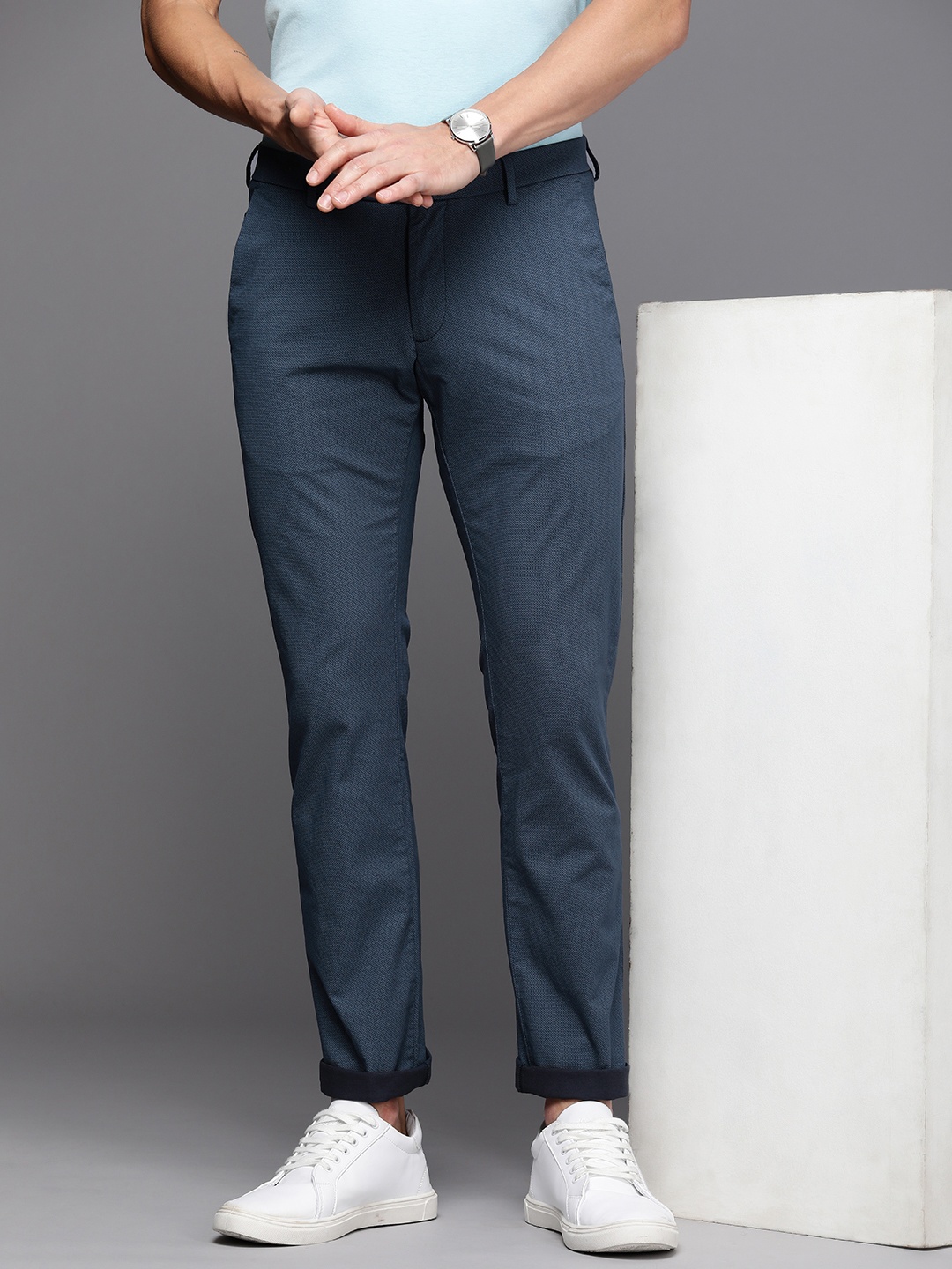 

Allen Solly Men Textured Slim Fit Trousers, Navy blue