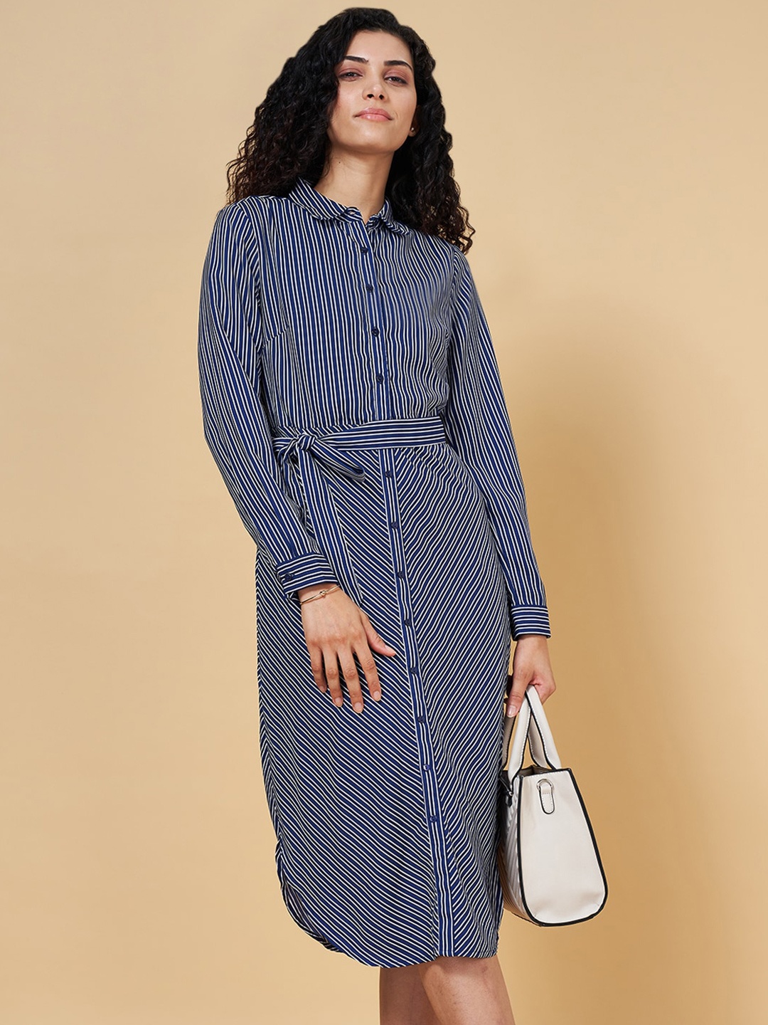 

Annabelle by Pantaloons Striped Cuffed Sleeves Casual Shirt Dress, Blue