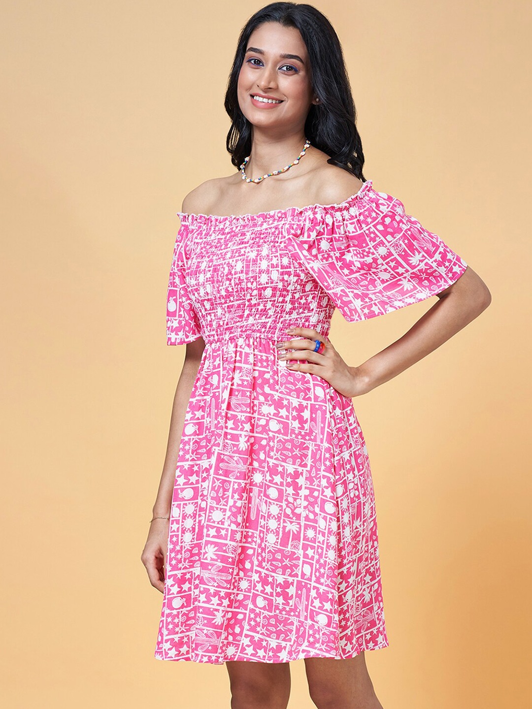 

People Pink Conversational Printed Off-Shoulder Fit & Flare Dress