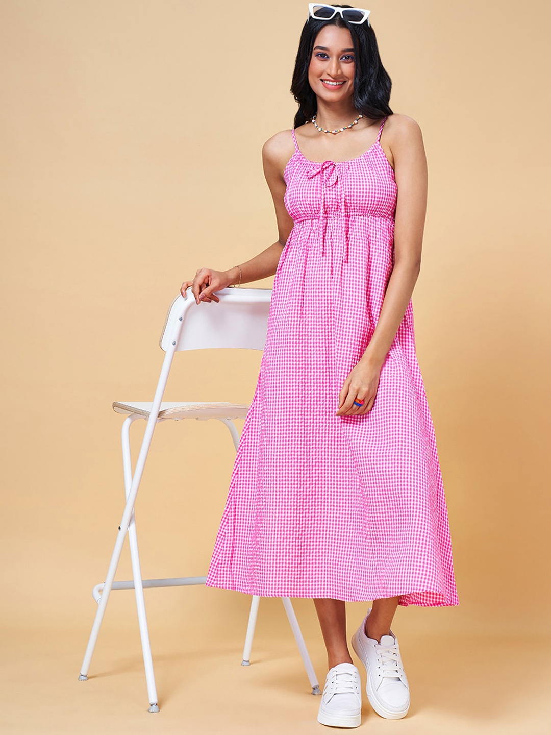 

People Pink Checked Tie-Up Empire Midi Dress