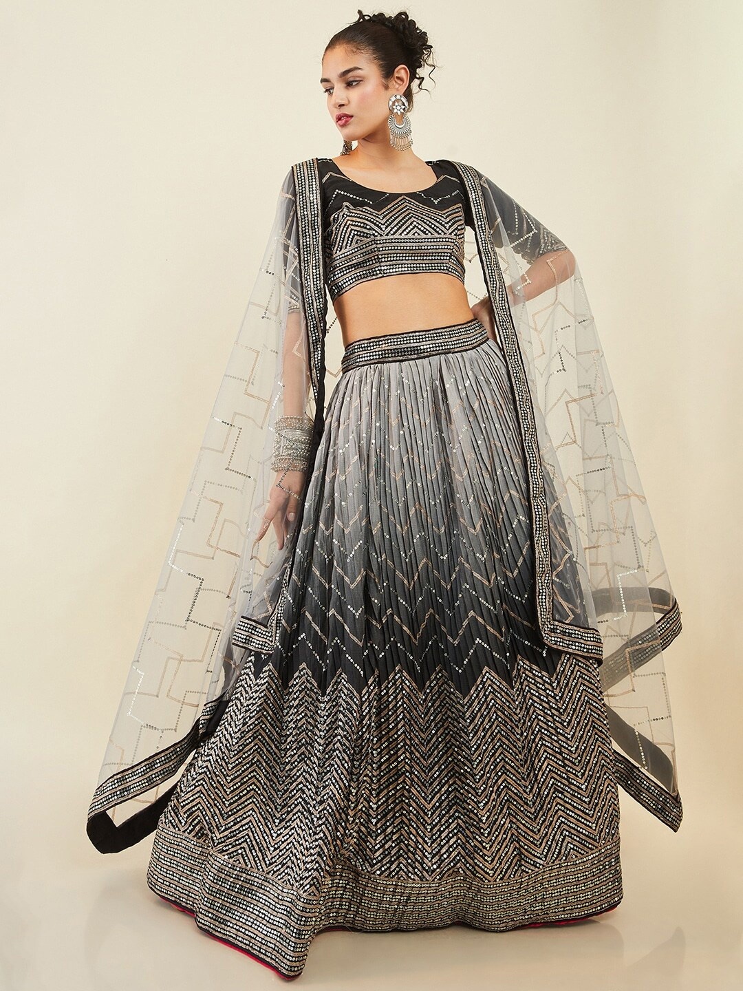 

FABPIXEL Embroidered Sequinned Semi-Stitched Lehenga & Unstitched Blouse With Dupatta, Black